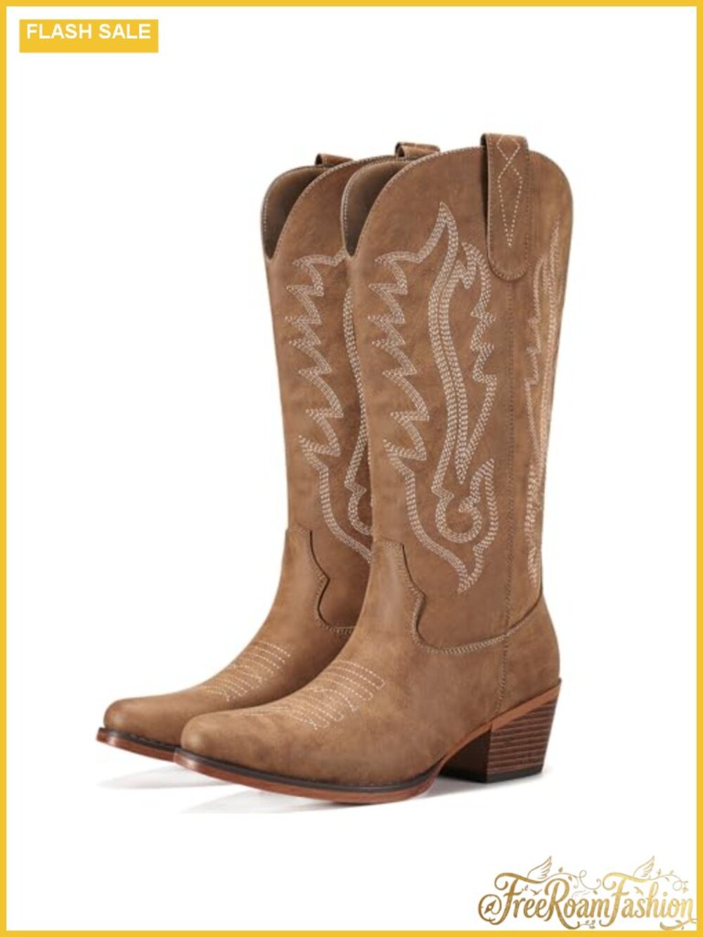 Western Cowgirl Boots Vine Embroidery Mid-Calf Cuban Heel Snip Toe